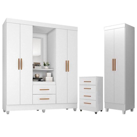 Guarda Roupa Casal Capela Com cômoda 4 Gavetas E armário Multiuso Lite Branco Brilho - Móveis