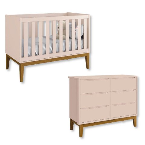 Quarto de Bebê Berço + Cômoda 6 Gvts Classic Pés em Madeira Rosa