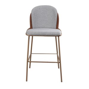 Banqueta com Encosto Estofado e Base em Aço Carbono Champanhe – Cristal Exclusiva Linho Lincoln Cinz