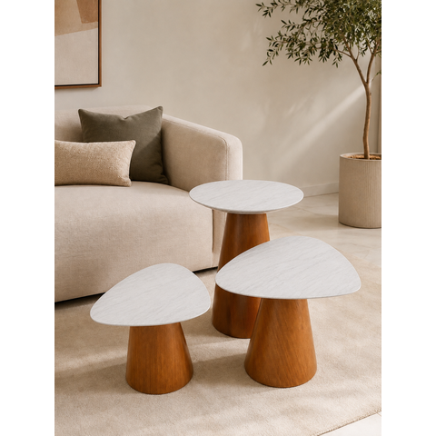 Conjunto Trio Flora | 3 Mesas Laterais Mármore Espirito Santo com Bases Freijó