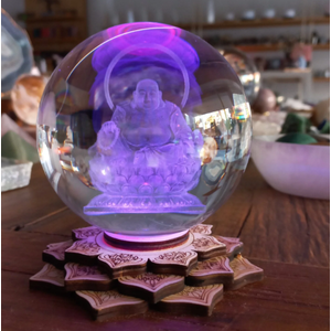 Luminária Bola de Cristal Buda Hotei - Base Led Colorido Flor de Lótus