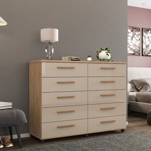 Cômoda Amsterdã 10 Gavetas Amendoa Off White com Rodízios