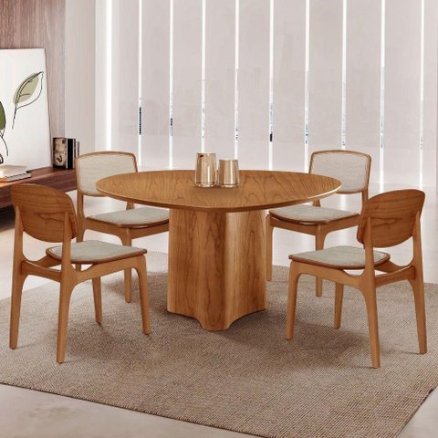 Mesa 135cm Laminado com 4 Cadeiras Malta Moderna Linho Off / Imbuia Nat.