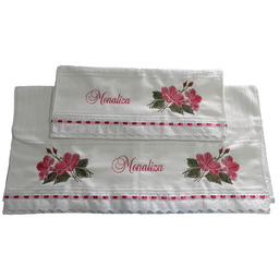 Jogo de Toalhas bordadas Banho e Rosto. Estampa: Hibisco . Cor: Branco. Marca: Dohler Artesanalle - 1