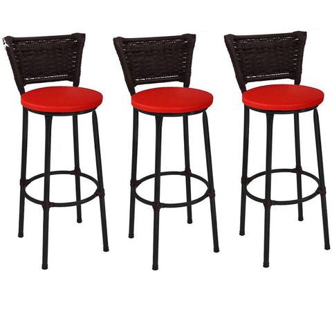 Kit 3 Banquetas Altas Preta com Encosto Junco Argila Assento Vermelho