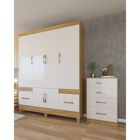 Kit Guarda Roupa 6 Portas 2 Gavetas e Cômoda 4 Gavetas Premium Quarto Luxo Cor Freijo/off White