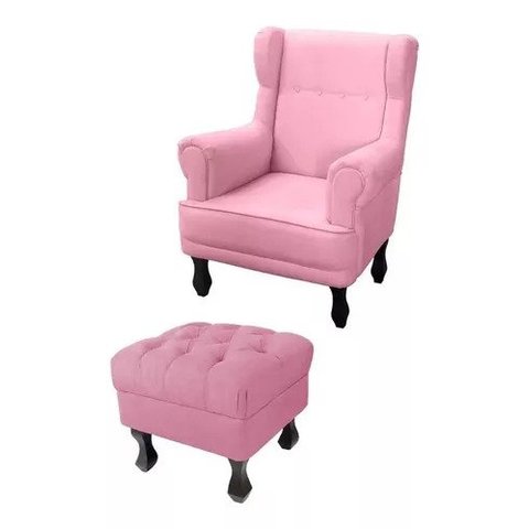 Poltrona de Amamentação Elisa + Puff Retrô Suede - Rosa