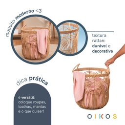 Cesto Redondo 49cm com Alças Arcos Textura Palha Rattan - Oikos - 4