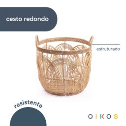 Cesto Redondo 49cm com Alças Arcos Textura Palha Rattan - Oikos - 3