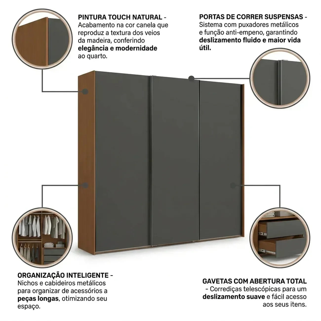 Ver imagem 5 de Guarda Roupa Casal 3 Portas de Correr e 4 Gavetas 260x230cm Elegance Canela/Grafite