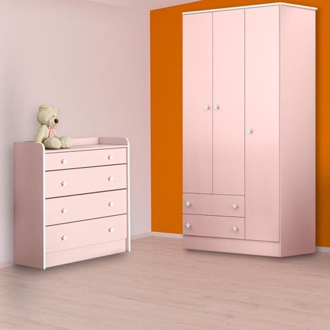 Conjunto Guarda Roupa e Cômoda Trocador Rosa