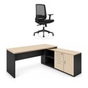 Ver imagem 2 de Conjunto Mesa Pedestal Presidente em L + Cadeira de Escritório Ergonômica Armário Lateral 3 Gavetas