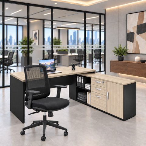 Conjunto Mesa Pedestal Presidente em L + Cadeira de Escritório Ergonômica Armário Lateral 3 Gavetas