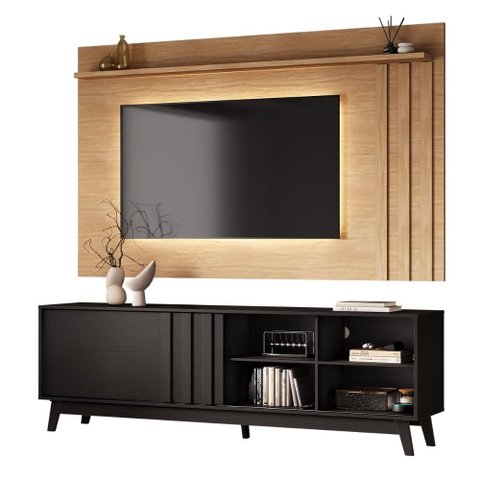 Conjunto Rack Preto Touch e Painel Parede Cedro Ventura Carraro
