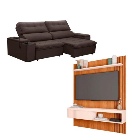 Kit Sofá Ferguile Genebra 3 Lugares Retrátil com Usb e Painel Tv 55 Esmeralda Caemmun