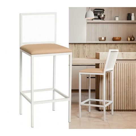 Banqueta Alta Angola Branca com Encosto Aço e Assento Estofado Corino Cozinha Bar Gourmet 99cm