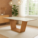 Ver imagem 1 de Mesa de Jantar Retangular 160x90 Mdf/vidro para 6 Lugares Pés Madeira Maciça Safira - Mel/off White