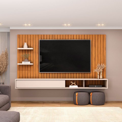 Painel para Tv até 60 Polegadas Ripado com Prateleiras Friz Freijó/off White - Dj Móveis