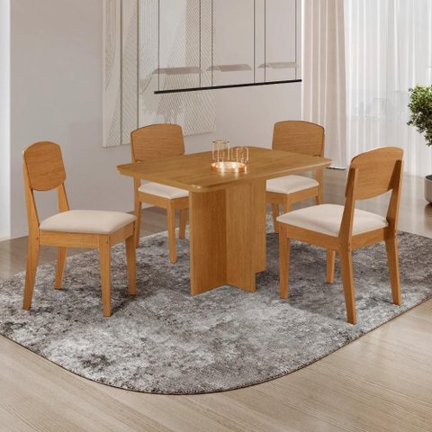 Conjunto Mesa de Jantar 120cm com 4 Cadeiras 100% MDF Multimóveis Crrft-CON042 Madeirado/Creme