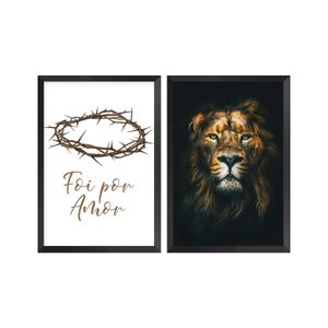 Kit 2 Quadros Decorativos Sala de Jantar Frase Fé Amor Leão