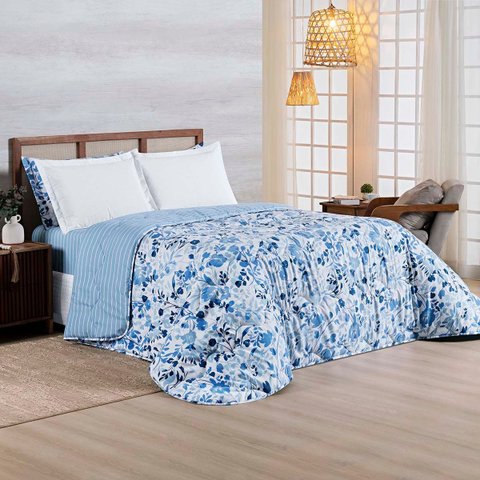 Edredom Cobertor Belle Queen 400 Fios Dupla Face Estampado Florido Azul