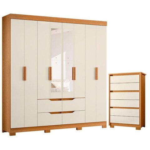 Guarda Roupa Casal com Cômoda Doble 8 Portas de Bater com Espelho 4 Gavetas MDP Cinamomo Off White