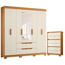 Ver imagem 1 de Guarda Roupa Casal com Cômoda Doble 8 Portas de Bater com Espelho 4 Gavetas MDP Cinamomo Off White