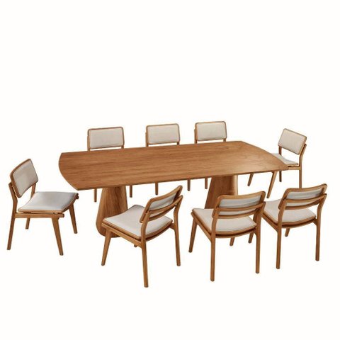 Mesa de Jantar Noronha 220cm Madeira Tampo Barril 8 Cadeiras Eva Linho Off / Imbuia Nat