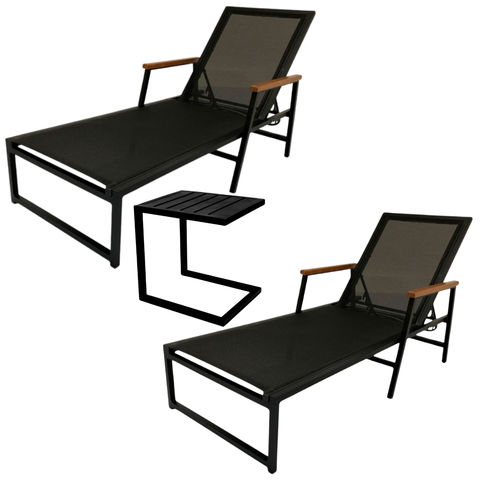 Kit 2 Espreguiçadeiras em Alumínio e Tela Sling para Piscina e Jardim + Mesa Lateral em C - Preto