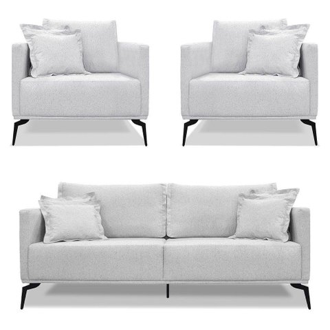 Kit 2 Poltronas E Sofá 2 Lugares 1,80m Pés Metálicos Cinza