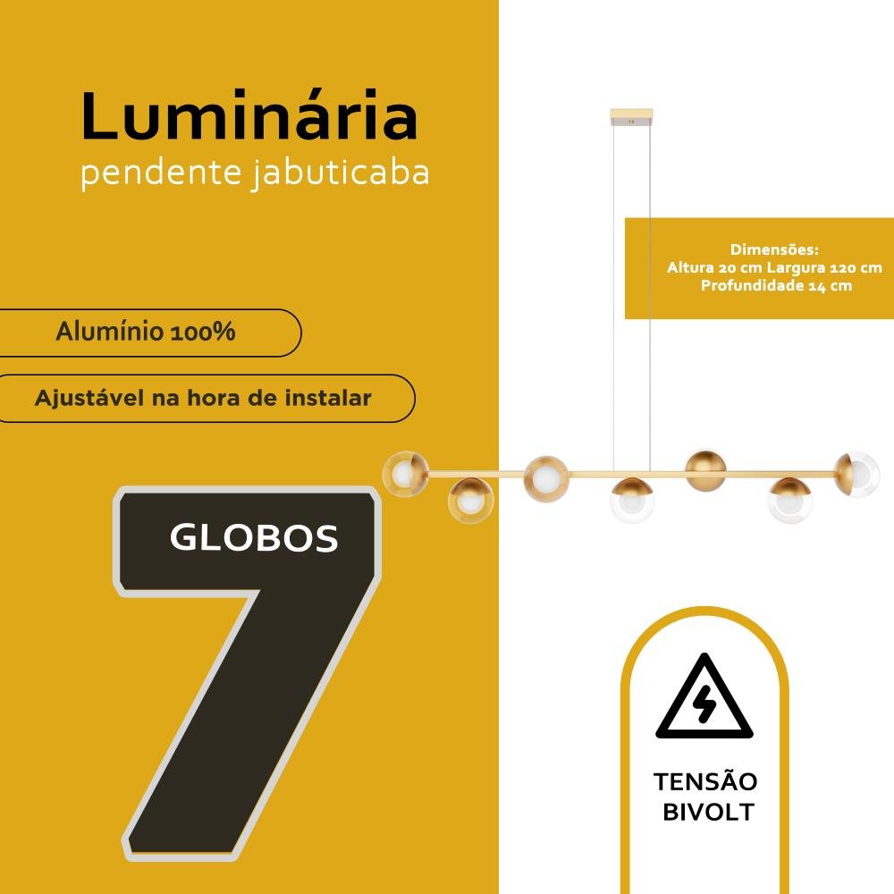 Luminaria Lustre Teto Sala de Jantar Jabuticaba 5 Metros com 7 Vidro Globo Bivolt - Dourado/transp - 3