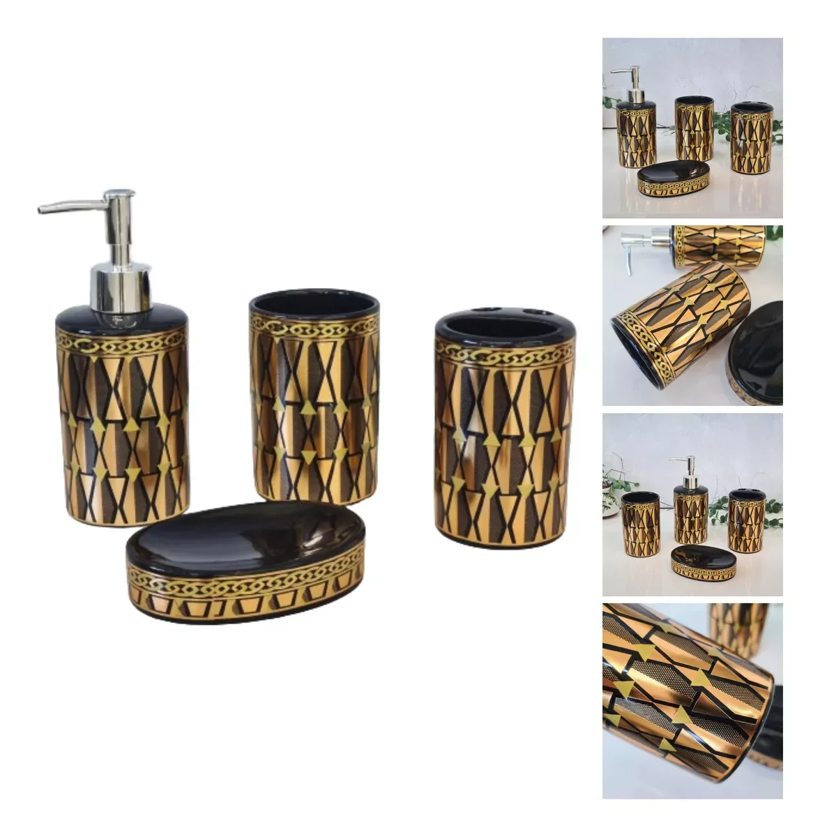 Ver imagem 6 de Kit Banheiro Luxo Dourado Lavabo 4 Peças Porta Sab Liquído Escova