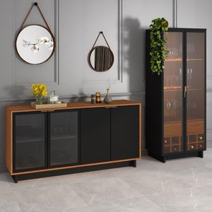 Conjunto Decorativo Cristaleira com Led e Buffet Aparador 160cm Tenerife/gunga Preto Fosco/noce