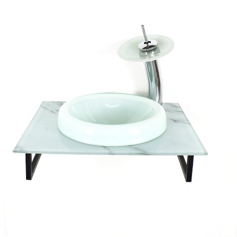 GABINETE DE VIDRO PARA BANHEIRO 50CM COM BANCADA MARMORIZADA MARMORE BRANCO MAIS TORNEIRA CASCATA