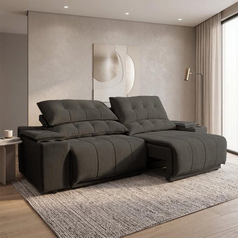Sofá com Porta Copos Carregador USB Ret Rec Arizona 2,50m - Netsofas - Chumbo