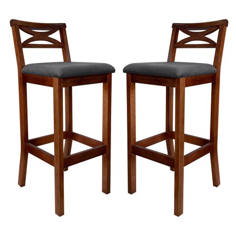 Kit 2 Banquetas Alta Estofada Madri Madeira Castanho Suede Cinza CCS