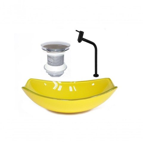 Cuba de Vidro Oval Chanfrada 51cm Amarela + Valvula + Torneira Preta