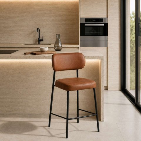 Banqueta Cozinha Alta com Encosto Industrial Aço PU Nozes Bancada Bar