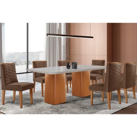 Conjunto: Mesa Sala Jantar Maldivas c/ Tampo Madeirado c/ Vidro Canto Curvo 180x90cm e 6 Cadeiras