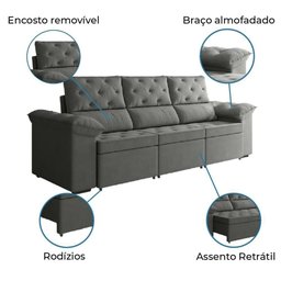 Sofá Retrátil 3 Lugares 2,10M York Suede Cinza Cinza - 3