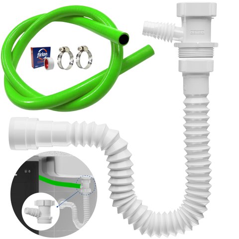Adaptador para Máquina de Lavar Louça + Mangueira + Sifão Sanfonado Universal + Abraçadeira 1" + Fit