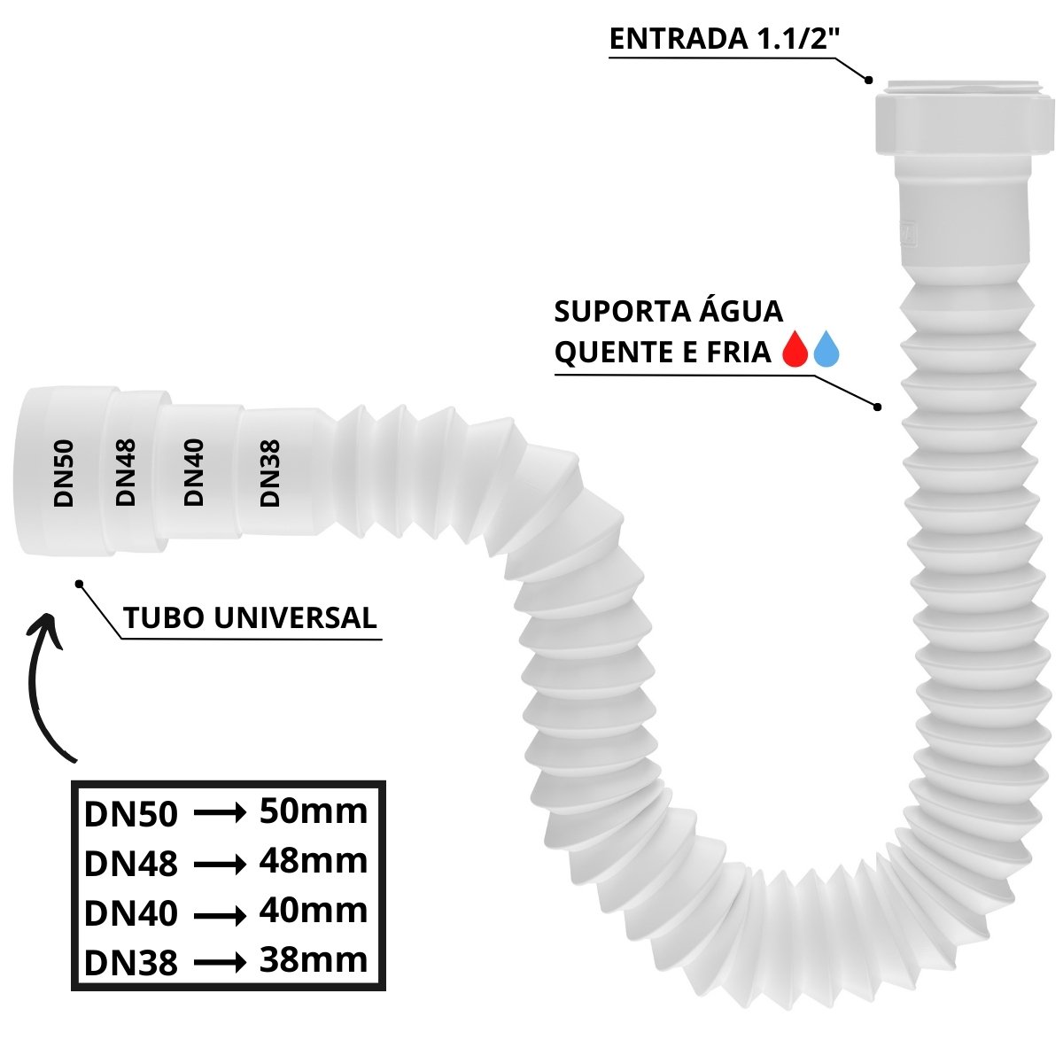 Adaptador para Máquina de Lavar Louça + Mangueira + Sifão Sanfonado Universal + Abraçadeira 1" + Fit - 9