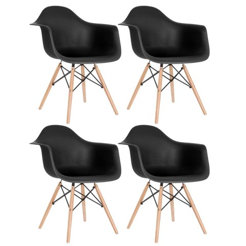 Kit 4 Cadeiras Charles Eames Eiffel Daw com Braços - Base de Madeira Clara - Preto Preto Multicolori