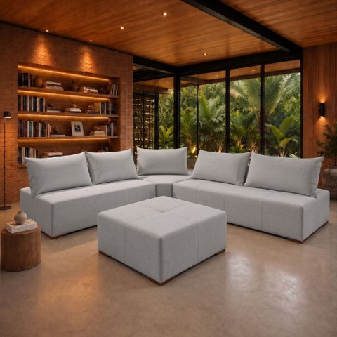 Sofá de Canto Modulado com Puff e Base Madeira Maciça 320CMX270CM Lisboa
