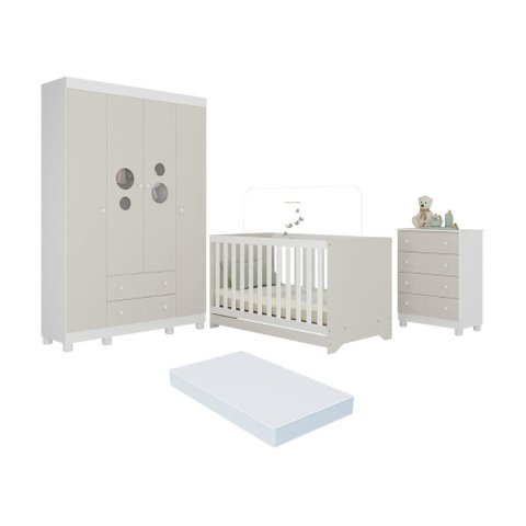 Quarto de Bebê Completo Berço Americano 3 em 1 Colchão Bombom Multimóveis Mp4634 Branco/off