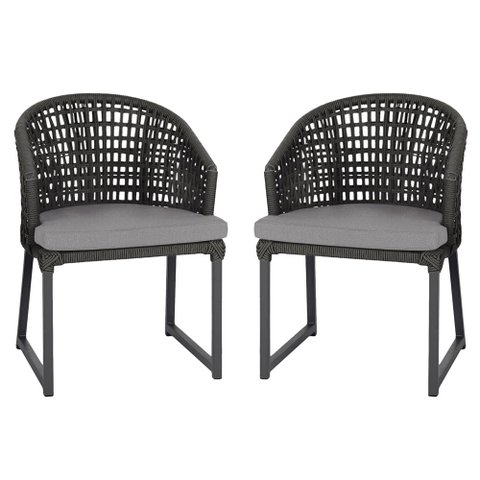 2 Cadeira Noronha Aluminio Micro Pintura Preta, Tr. Telinha Corda Nautica Preta, Estofado - Grafite