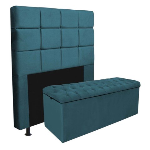 Kit Cabeceira + Calçadeira Baú Espanha 195cm King Size para Cama Box Suede Azul Turquesa - Gat Magaz