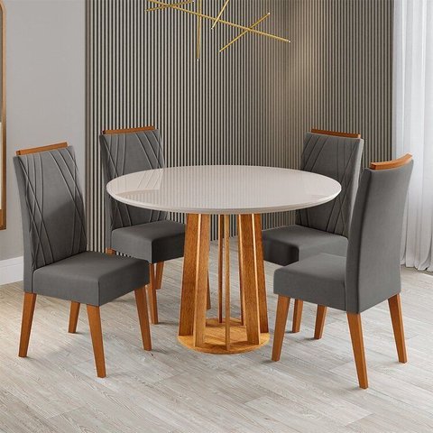 Conjunto Sala de Jantar 4 Lugares Redondo Tampo MDF e Vidro Fidelis Yescasa Cinza/Mel/Off White