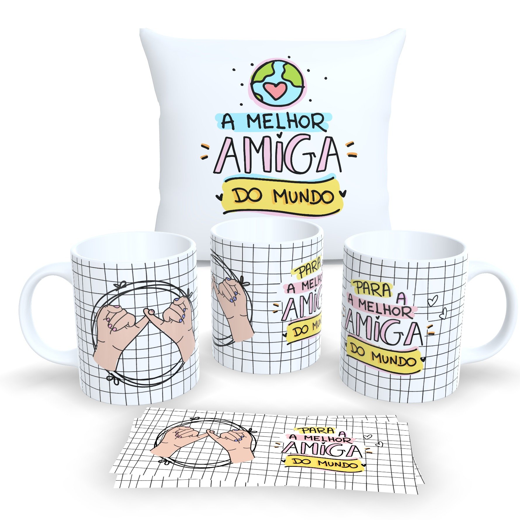 Kit com 1 Caneca Branca de Porcelana 325ml, e 1 Almofada Branca 30x30cm Personalizadas "amizade"