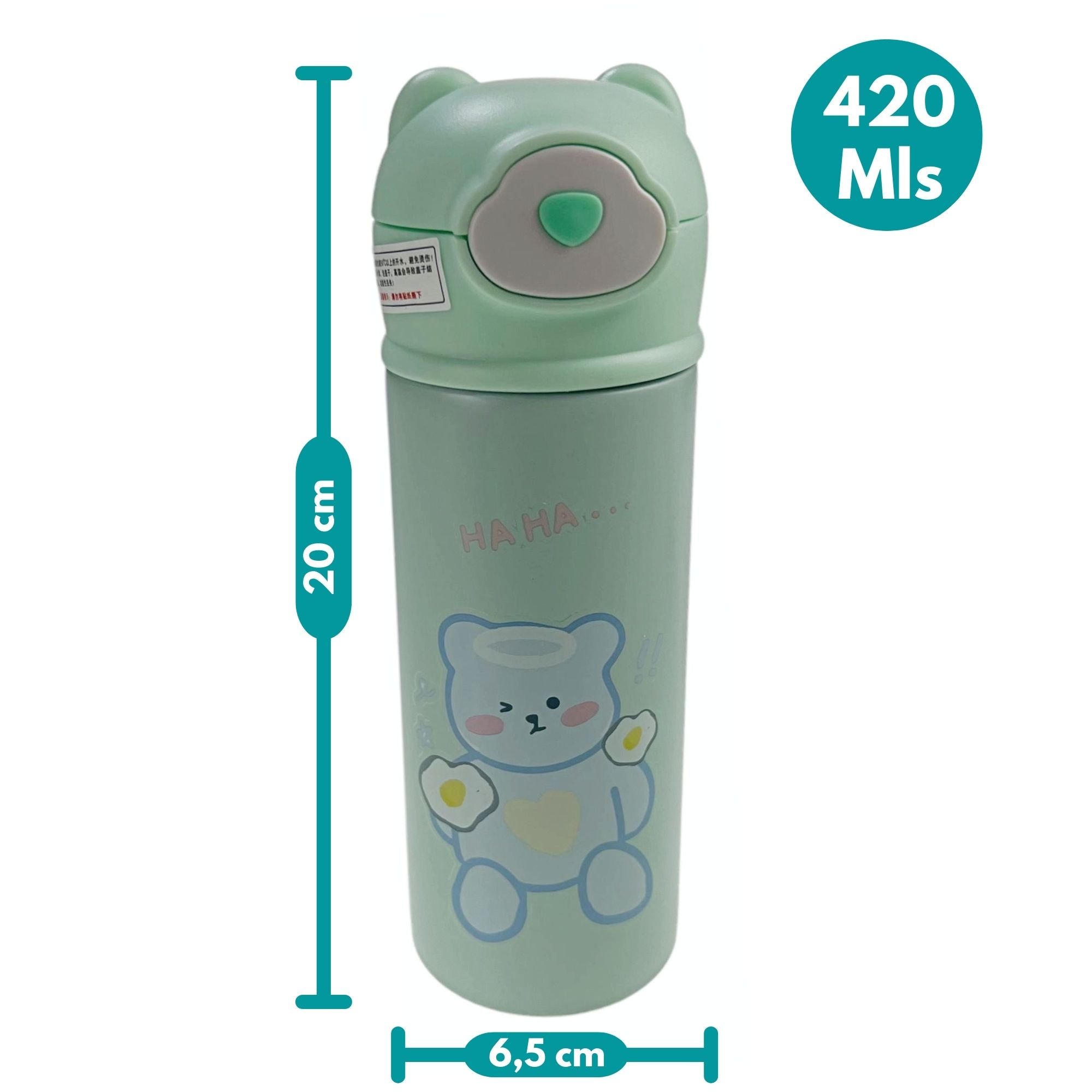 Garrafa Térmica Infantil Com Canudo 420mls Aço Inox Squeeze Escolar Tampa Ursinho Água Suco Verde - 3